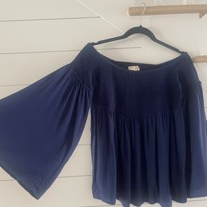 NEW, Navy Blue, Smocked Off shoulder Top With Bell Sleeves, Size Large